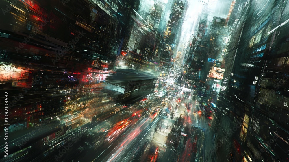 Distorted city scene with fast-moving objects and blurred buildings, conveying a sense of speed and movement in an urban environment. Distorted city scene with fast-moving objects and blurred buildings, conveying a sense of speed and movement in an urban environment.
