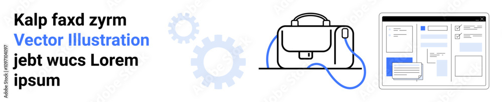 Briefcase with blue handle, two grey gears, web layout mockup. Ideal for website design, project management, business strategy, digital marketing, user interface, technology blogs, portfolio. Landing Briefcase with blue handle, two grey gears, web layout mockup. Ideal for website design, project management, business strategy, digital marketing, user interface, technology blogs, portfolio. Landing