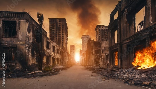 Apocalyptic vision of a desolate, charred city street depicting a haunting scene of urban devastation, perfect for disaster film posters or dystopian art concepts, brimming with eerie