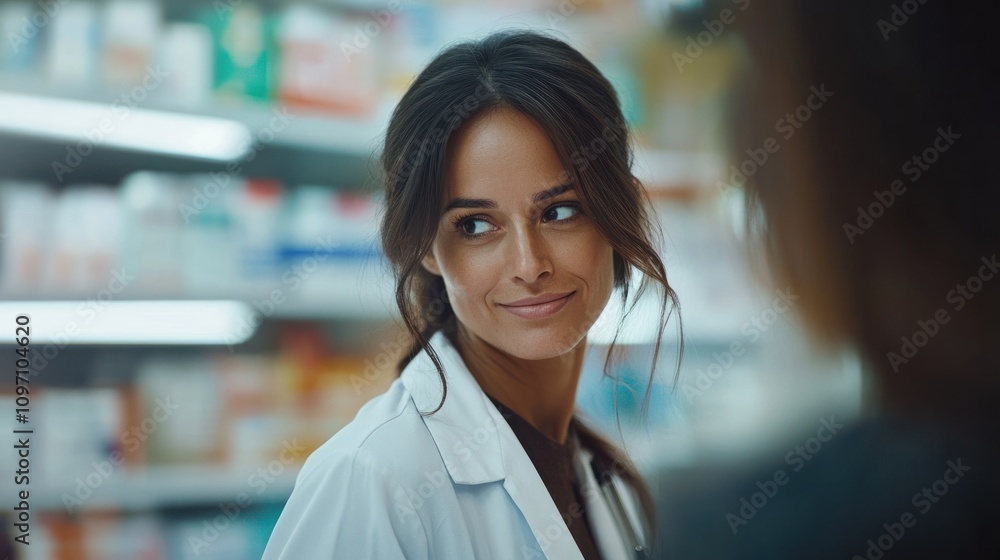 A pharmacist smiling while assisting a customer in a pharmacy setting. A pharmacist smiling while assisting a customer in a pharmacy setting.