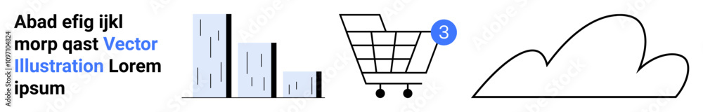 Modern city skyscrapers, minimalistic shopping cart with notification bubble, outlined cloud, and text with blue highlights. Ideal for urban landscape, shopping, weather, text decoration, simplicity Modern city skyscrapers, minimalistic shopping cart with notification bubble, outlined cloud, and text with blue highlights. Ideal for urban landscape, shopping, weather, text decoration, simplicity