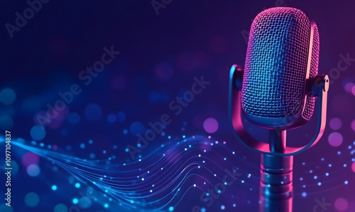 modern banner featuring a microphone and a digital waveform on a gradient blue background photo