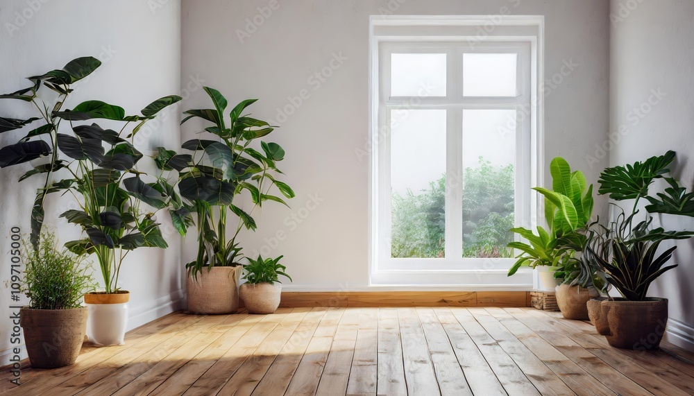Bright and minimalist empty white room with a natural wooden floor, featuring green plants in pots, clean lines, and abundant natural light from large windows creating a serene atmosphere. Bright and minimalist empty white room with a natural wooden floor, featuring green plants in pots, clean lines, and abundant natural light from large windows creating a serene atmosphere.