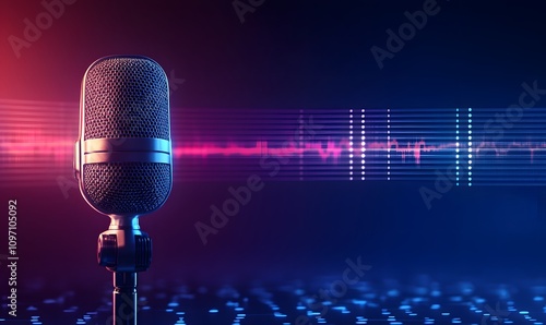 modern banner featuring a microphone and a digital waveform on a gradient blue background photo