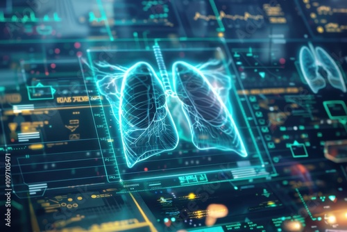 Lung testing results on digital interface on laboratory or surgical background, innovative technology in science and medicine concept. medical technology