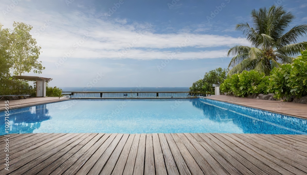 Luxurious empty wooden deck featuring a serene swimming pool, surrounded by tranquil outdoor scenery, perfect for relaxation, summer vibes, or tropical vacation inspirations. Luxurious empty wooden deck featuring a serene swimming pool, surrounded by tranquil outdoor scenery, perfect for relaxation, summer vibes, or tropical vacation inspirations.