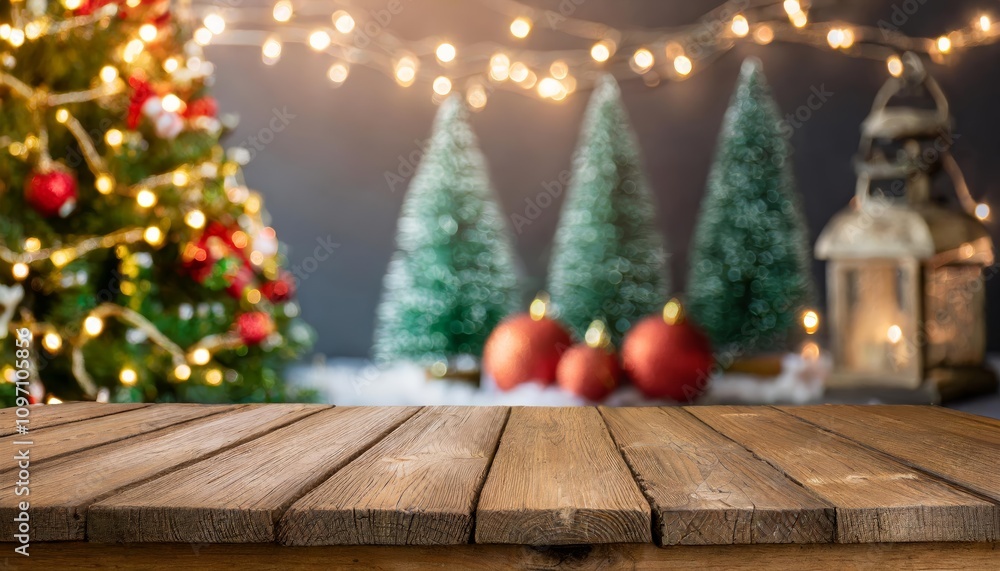 Rustic wooden table with festive Christmas decorations in the background, perfect for showcasing holiday-themed products or designs in a warm and cozy seasonal atmosphere. Rustic wooden table with festive Christmas decorations in the background, perfect for showcasing holiday-themed products or designs in a warm and cozy seasonal atmosphere.