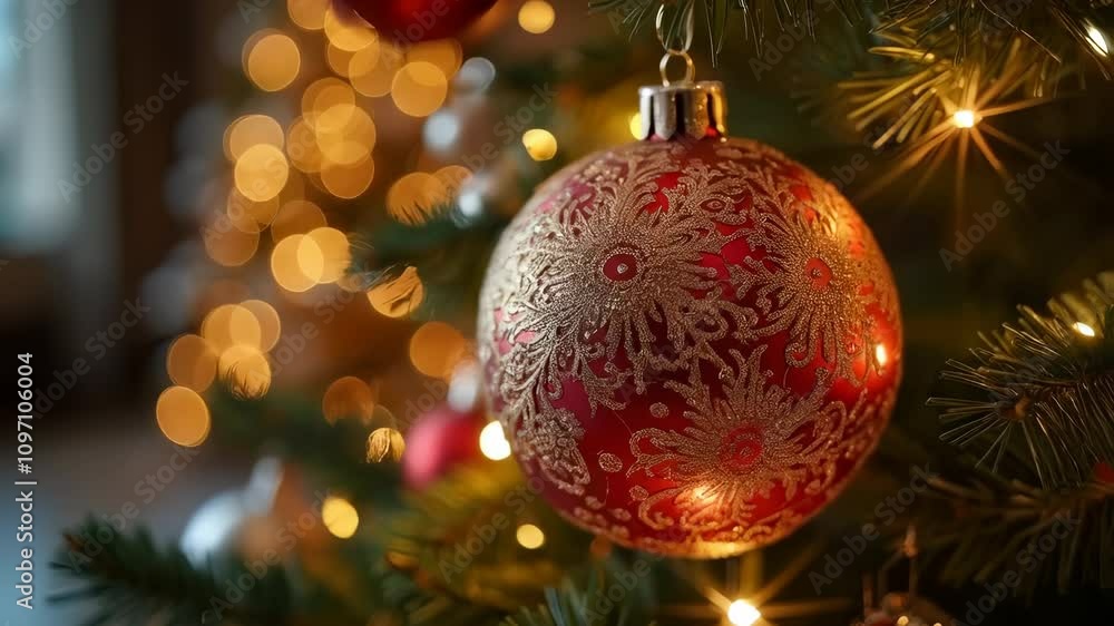 A vibrant red ornament with intricate designs hangs from a Christmas tree, surrounded by glowing golden lights in a warm and inviting room adorned for the holidays A vibrant red ornament with intricate designs hangs from a Christmas tree, surrounded by glowing golden lights in a warm and inviting room adorned for the holidays