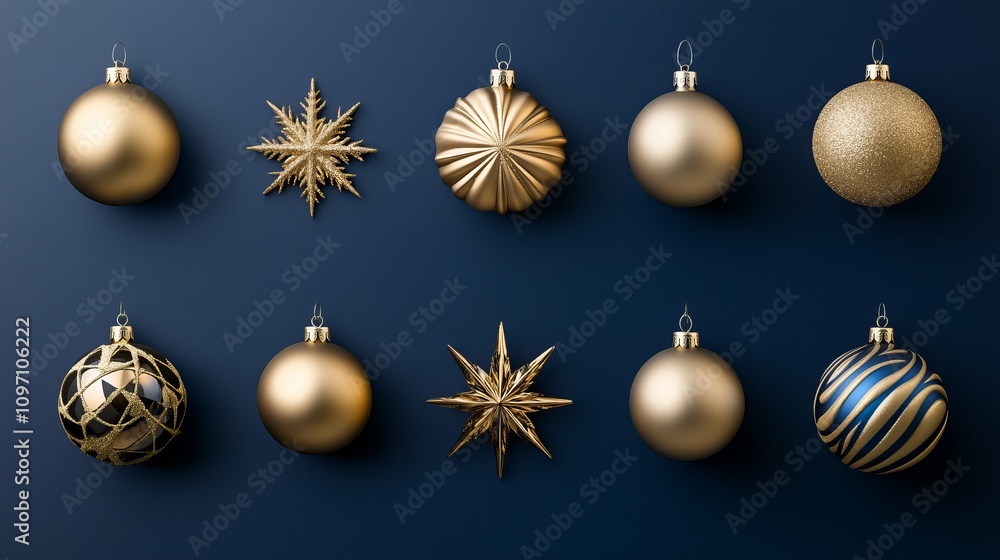 Elegant gold Christmas ornaments on a deep blue background with a decorative snowflake and stars for a festive holiday theme Elegant gold Christmas ornaments on a deep blue background with a decorative snowflake and stars for a festive holiday theme