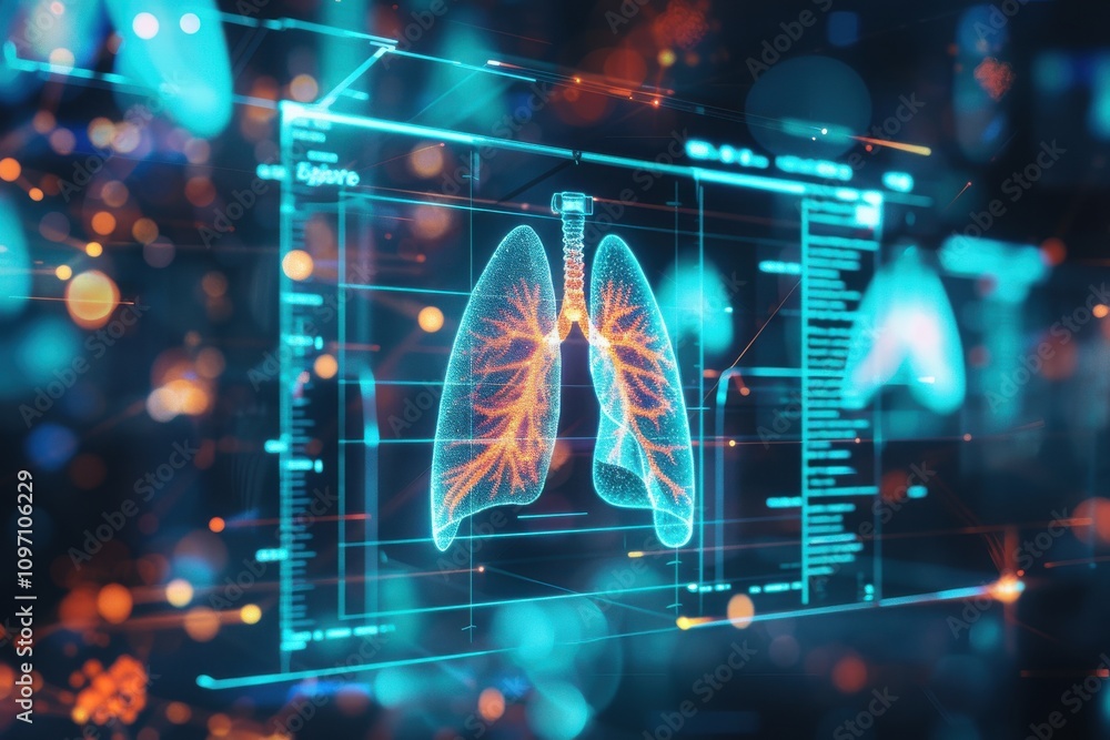 Fototapeta premium Lung testing results on digital interface on laboratory or surgical background, innovative technology in science and medicine concept. medical technology