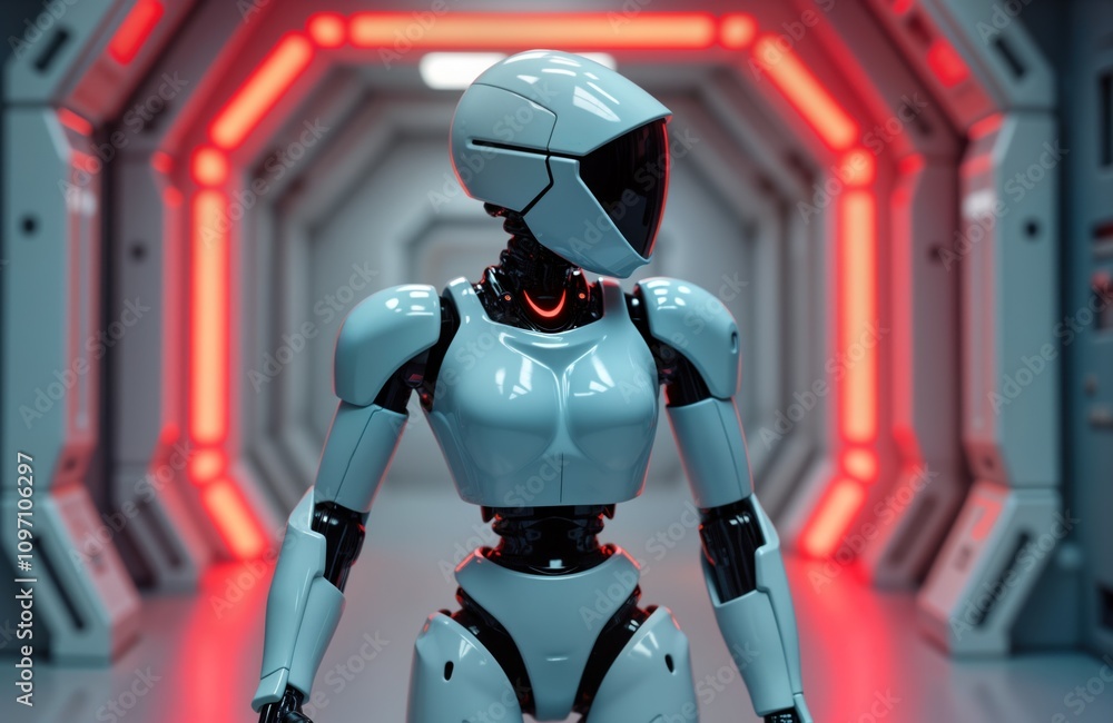 Female robot stands in futuristic corridor. AI humanoid walks in sci-fi space. Cyberpunk android in digital environment. Digital art of robotic woman. Modern technology concept. Female robot stands in futuristic corridor. AI humanoid walks in sci-fi space. Cyberpunk android in digital environment. Digital art of robotic woman. Modern technology concept.