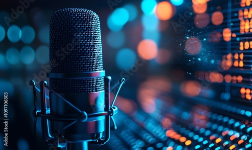 A high-resolution image of a microphone with a vibrant waveform display on a deep blue background photo