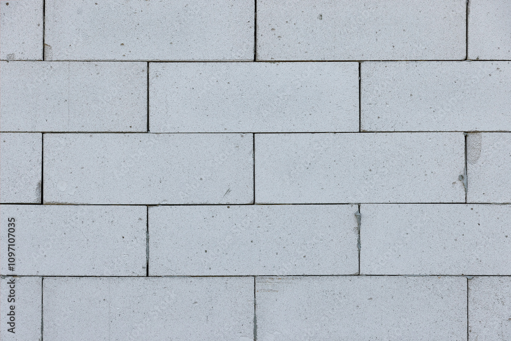 Sturdy white bricks form an intricate wall pattern in natural light at midday, showcasing texture