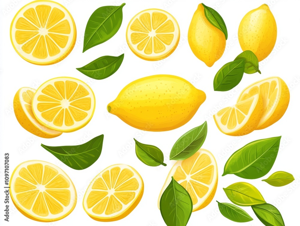 Fresh lemons and lemon slices with green leaves create vibrant display Fresh lemons and lemon slices with green leaves create vibrant display