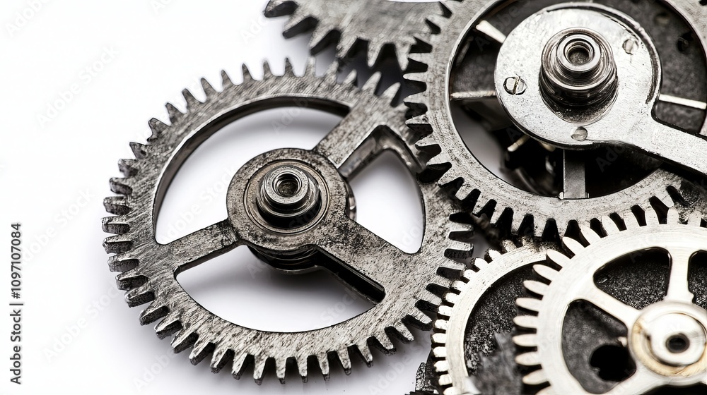 Close-up of metallic gears showcasing intricate design and engineering precision. Close-up of metallic gears showcasing intricate design and engineering precision.