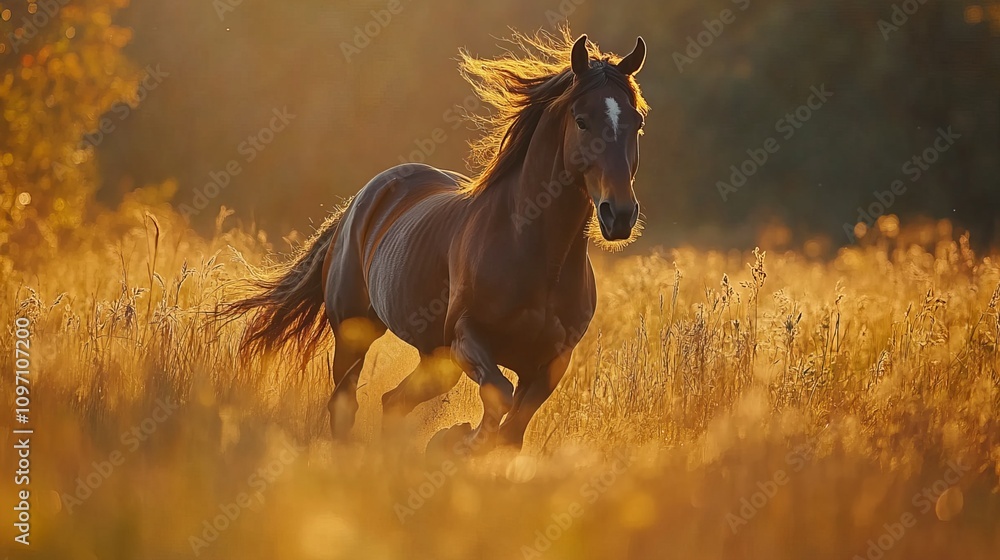 Graceful Welsh pony gallops through tall grass with flowing mane. Brown horse charges across field. Majestic brown steed stands tall in golden sunset, surrounded by vibrant foliage. Graceful Welsh pony gallops through tall grass with flowing mane. Brown horse charges across field. Majestic brown steed stands tall in golden sunset, surrounded by vibrant foliage.