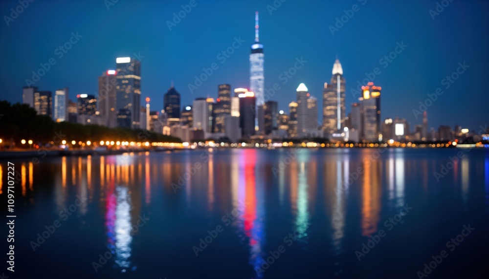 Night city skyline reflected in water. Blurred lights create bokeh effect. Urban landscape view. Modern buildings downtown. Travel background. Cityscape at night. Dark shiny cityscape. River water Night city skyline reflected in water. Blurred lights create bokeh effect. Urban landscape view. Modern buildings downtown. Travel background. Cityscape at night. Dark shiny cityscape. River water