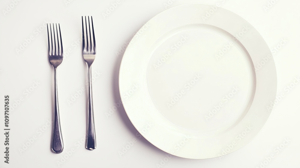 Close-up of a minimalist setting featuring two forks and a clean white plate. Close-up of a minimalist setting featuring two forks and a clean white plate.