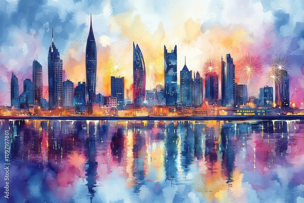 Obraz premium saudi national day celebration illustrated in watercolor style, featuring a vibrant cityscape with modern buildings and festive fireworks, capturing the essence of cultural pride and unity