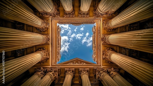 Upward view of ornate neoclassical columns against the sky photo