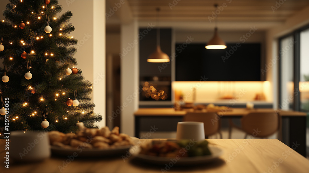 A beautiful dining setup with a decorated Christmas tree. A beautiful dining setup with a decorated Christmas tree.