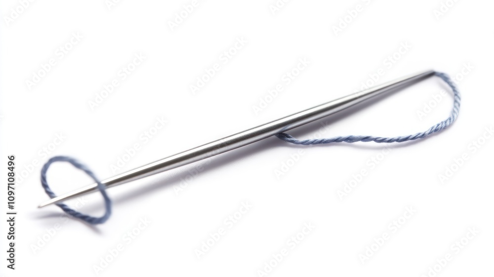Metal needle threaded with light blue yarn Metal needle threaded with light blue yarn