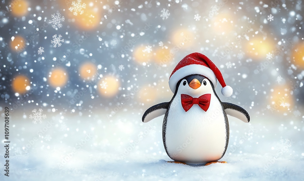 A cute penguin wearing a Christmas hat, on a white snow background with bokeh lights. Christmas card design concept A cute penguin wearing a Christmas hat, on a white snow background with bokeh lights. Christmas card design concept