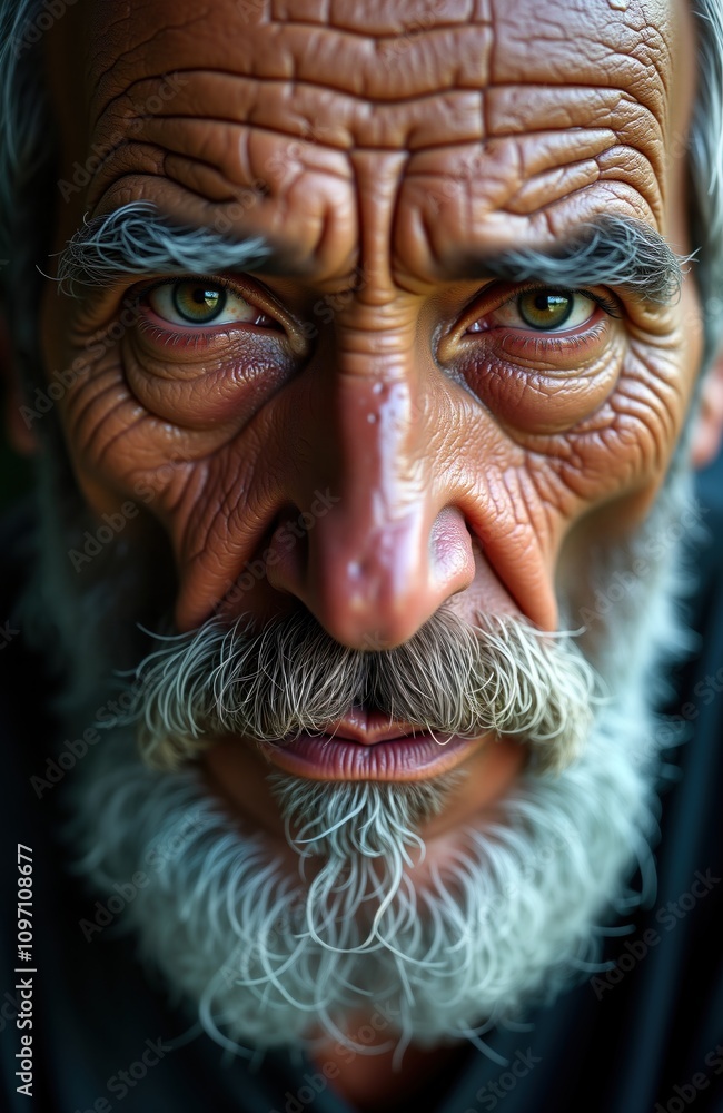 Closeup intense portrait rugged elderly man weathered face. Grey beard wrinkles show age wisdom. Deep lines tell life story. Green eyes intense gaze. Authentic human emotion. Closeup intense portrait rugged elderly man weathered face. Grey beard wrinkles show age wisdom. Deep lines tell life story. Green eyes intense gaze. Authentic human emotion.