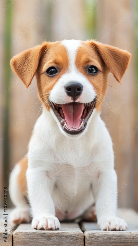 Happy dog with a playful expression and bright eyes near a blurred background Happy dog with a playful expression and bright eyes near a blurred background