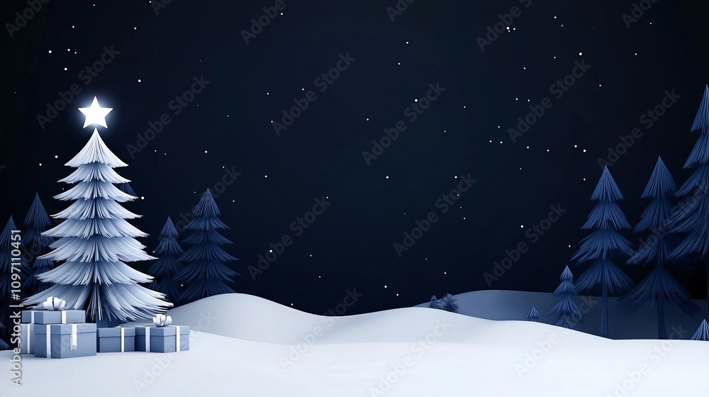 Snowcovered Christmas tree with shining star and gift boxes in a snowy forest at night winter landscape Snowcovered Christmas tree with shining star and gift boxes in a snowy forest at night winter landscape
