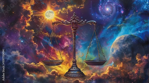 Artistic depiction of scales of justice surrounded by cosmic elements symbolizing universal balance