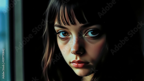 Wallpaper Mural Portrait of a beautiful young girl in a beam of light on a dark background Torontodigital.ca