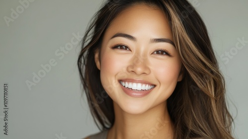 Close-up portrait of a smiling young woman with healthy skin and beautiful brown hair.