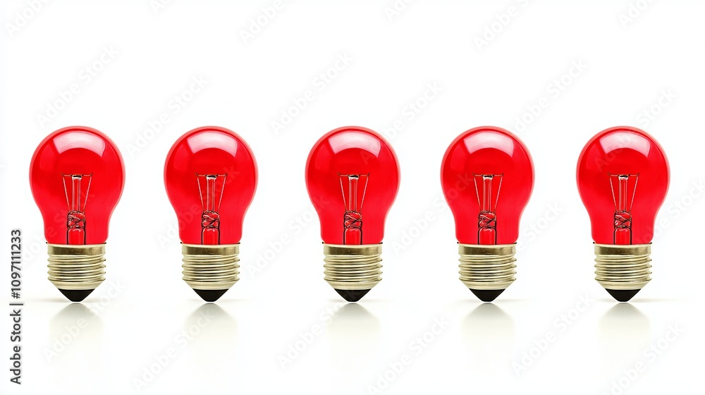 Five vibrant red light bulbs arranged in a row against a white background. Five vibrant red light bulbs arranged in a row against a white background.