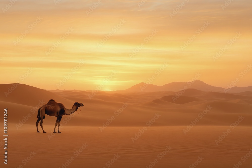 Camel walking across the desert dunes under a clear blue sky in a serene landscape