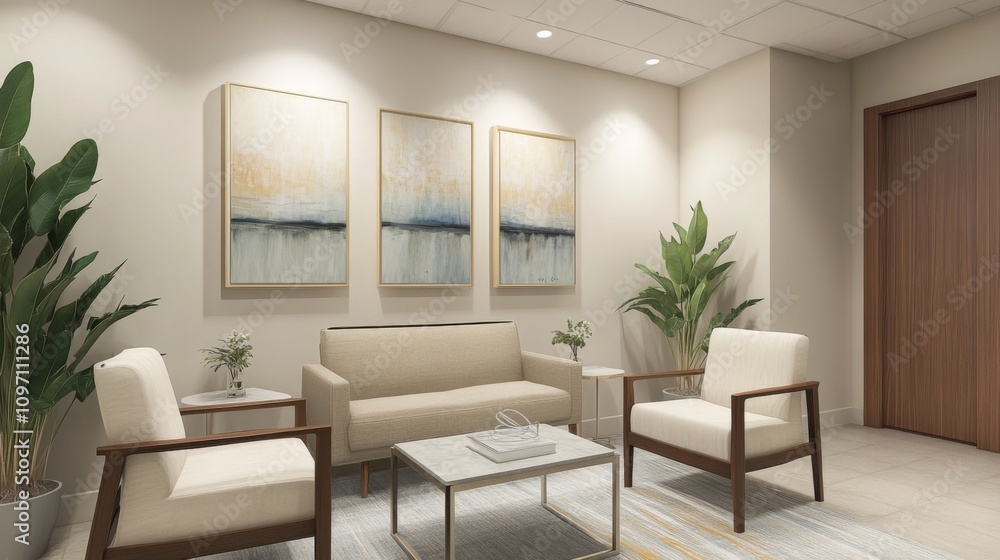 Fototapeta premium Serene Office Waiting Area: Modern Interior Design
