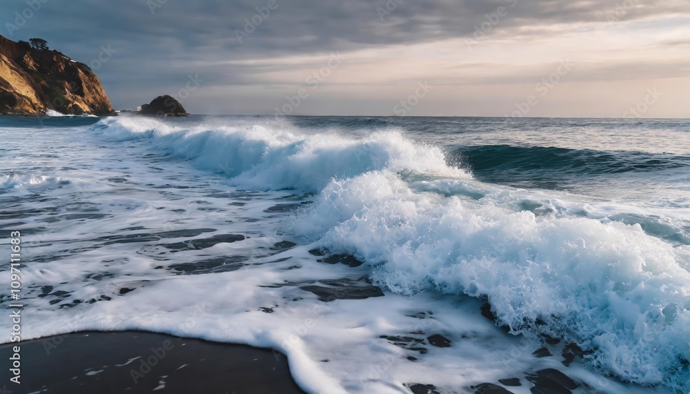 Foamy Waves Rolling Up on the Ocean Shore with Dynamic Motion Captured in Stunning Detail Against a Backdrop of Endless Blue Horizons and Sunlit Water Reflections at Coastal Seascape. Foamy Waves Rolling Up on the Ocean Shore with Dynamic Motion Captured in Stunning Detail Against a Backdrop of Endless Blue Horizons and Sunlit Water Reflections at Coastal Seascape.