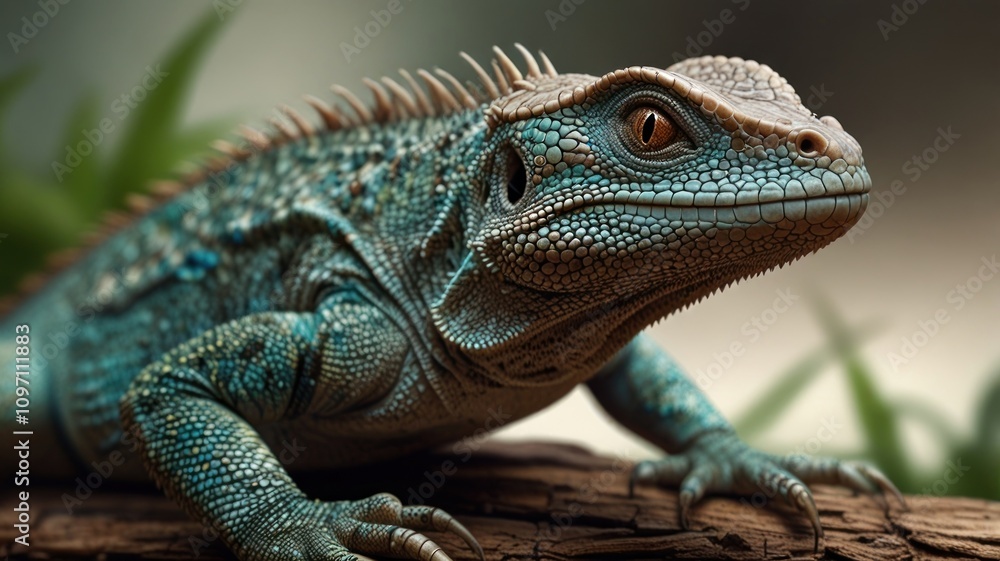 Close-up of a vibrant blue lizard perched on a weathered log. Close-up of a vibrant blue lizard perched on a weathered log.