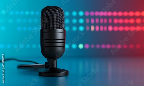 a professional microphone with a colorful waveform graphic on a sleek blue background photo