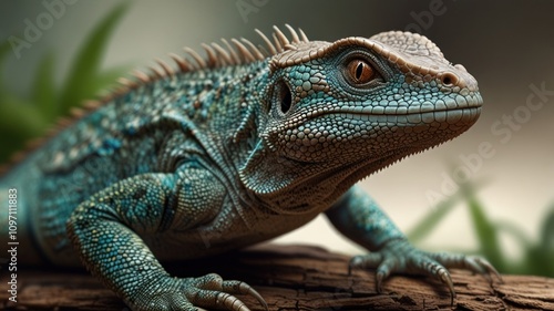 Close-up of a vibrant blue lizard perched on a weathered log.