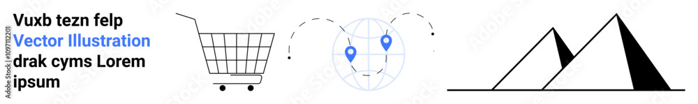 Shopping cart, globe with location icons, pyramids, and placeholder text. Ideal for e-commerce, mapping, travel, global connections, digital services, marketing, education. Banner for landing page Shopping cart, globe with location icons, pyramids, and placeholder text. Ideal for e-commerce, mapping, travel, global connections, digital services, marketing, education. Banner for landing page