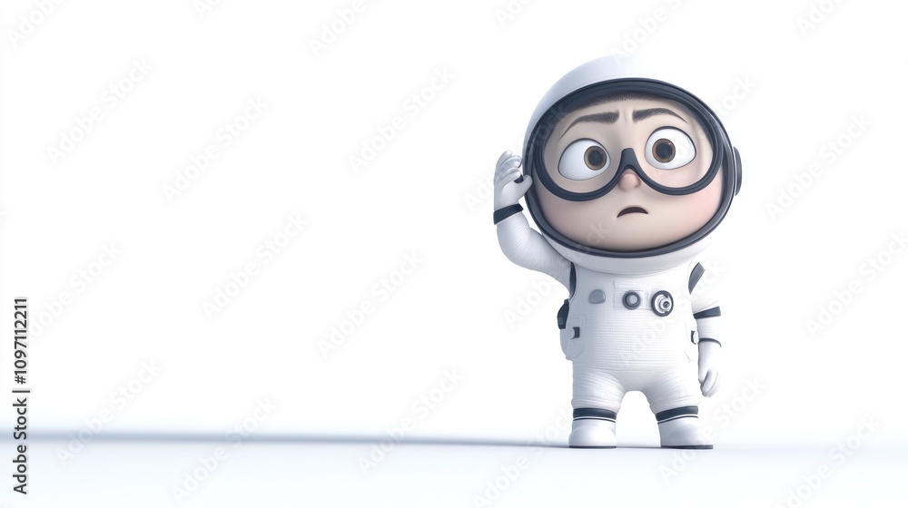 A cartoon character in a spacesuit, looking curious and raising a hand in a minimalist setting. A cartoon character in a spacesuit, looking curious and raising a hand in a minimalist setting.