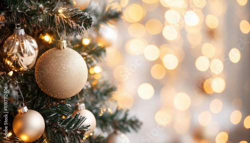 Christmas Tree With Soft Focus Lights. Blurry Background With Sparkling Bokeh. Festive Holiday Decorations For Design Template. Twinkling Lights On Tree.