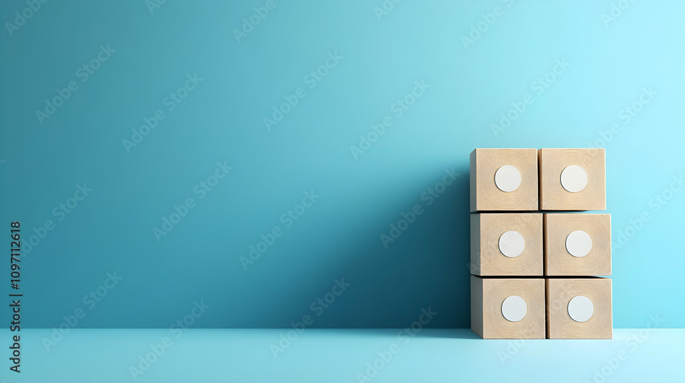 Fototapeta premium Aiming for progress through goal setting reaching new heights Symbols representing targets on stacked cubes against a blue backdrop with a copy space image.illustration