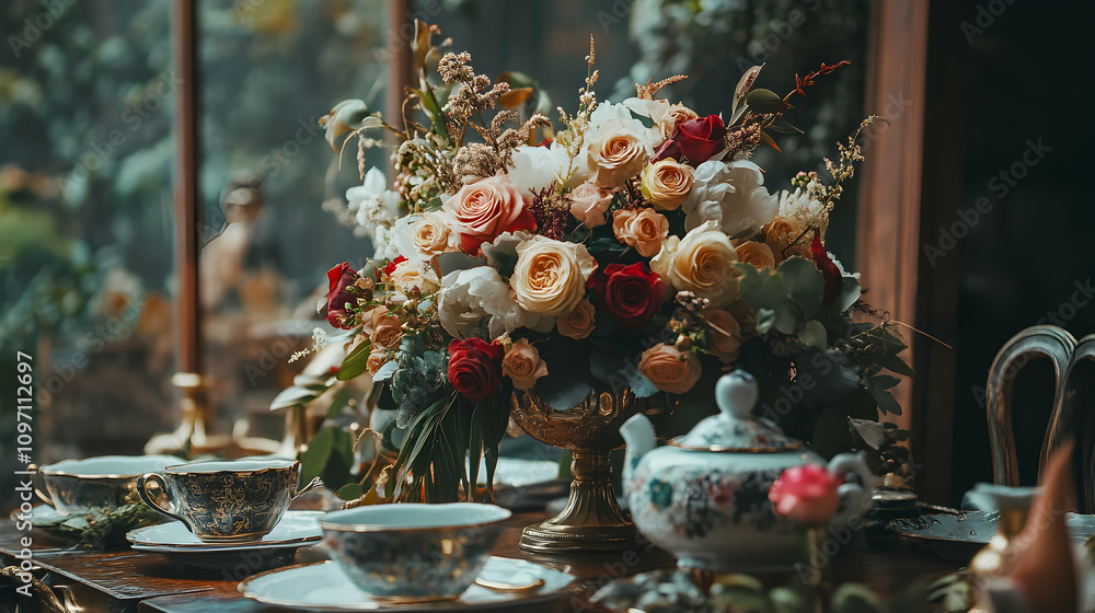 Fototapeta premium Afternoon Tea Party Table with Floral Arrangement.illustration