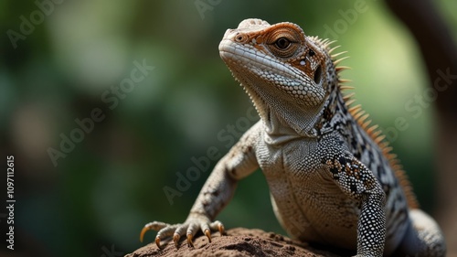 Close-up of a lizard perched on a rock, looking upward.