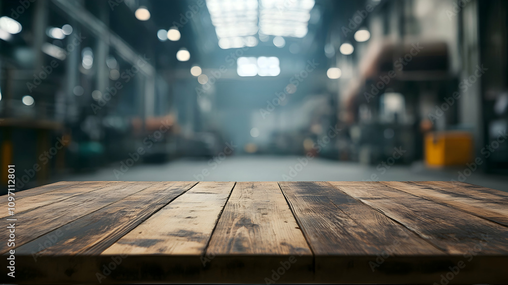 An empty wooden table with a blurred warehouse or factory backdrop provides ample copy space for displaying products against an industrial setting An empty wooden table with a blurred warehouse or factory backdrop provides ample copy space for displaying products against an industrial setting