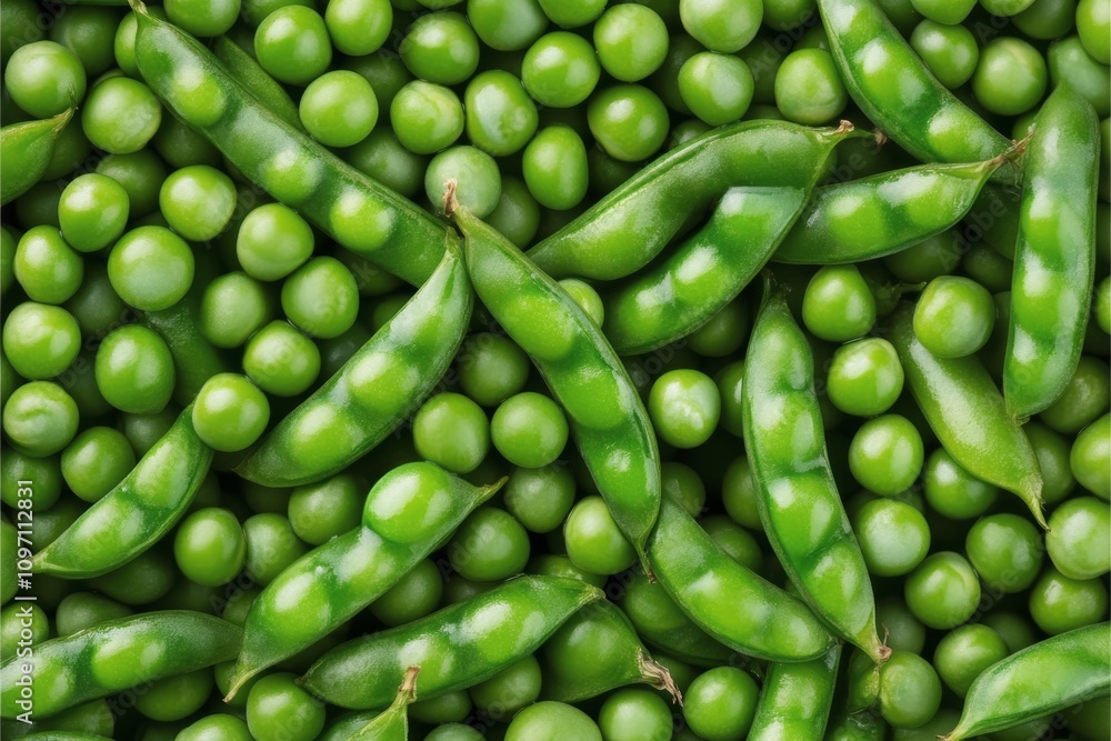 Fresh green peas arranged meticulously on a green surface create an appealing backdrop Fresh green peas arranged meticulously on a green surface create an appealing backdrop