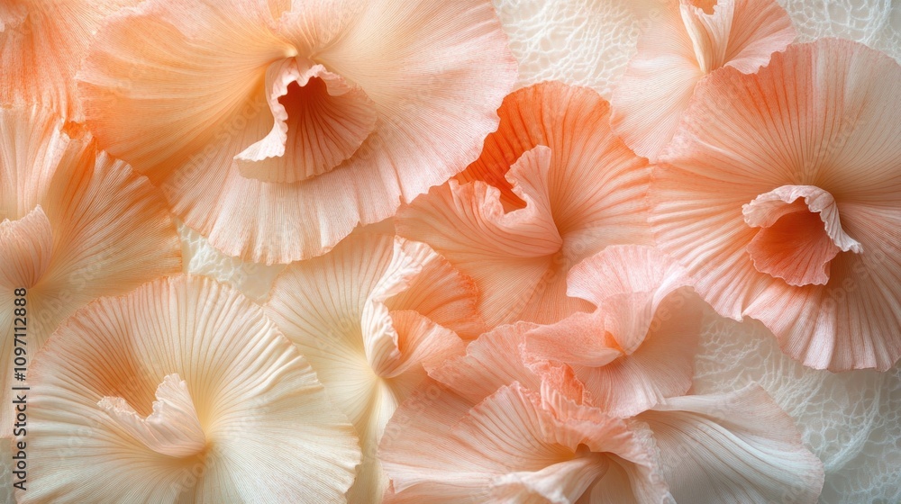 A close-up view of delicate, soft peach and white flower petals arranged artistically. A close-up view of delicate, soft peach and white flower petals arranged artistically.