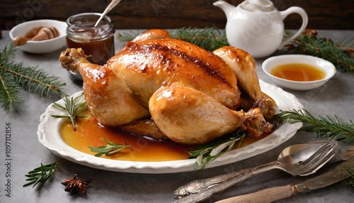 Frisch gebackenes ganzes HÃ¤hnchen mit goldener Honigsauce â€“ KÃ¶stliches Ofengericht, das saftiges HÃ¼hnchen mit sÃ¼ÃŸer Honignote vereint und ein Festmahl fÃ¼r GenieÃŸer bietet.